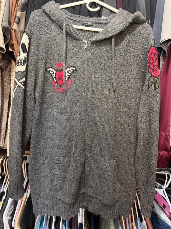 torrid Tops - torrid Gray Zip Hoodie with Pink Skull & Rose Knits